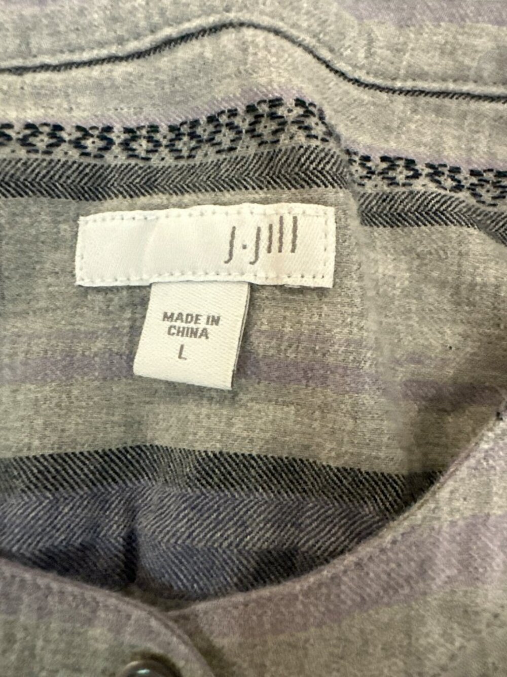 J. Jill Womens Top L Blue Gray Striped Button Long Sleeve 100% Cotton Aztec Boho - Picture 3 of 7